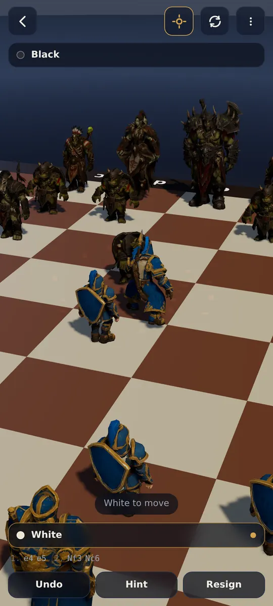 A knight closes on the piece it is capturing, seen close up on the 3D board