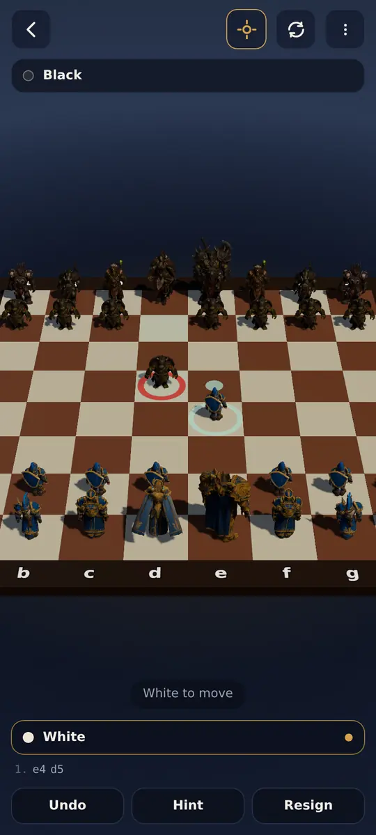 A pawn selected on the 3D board with its moves marked and a capture ringed in red