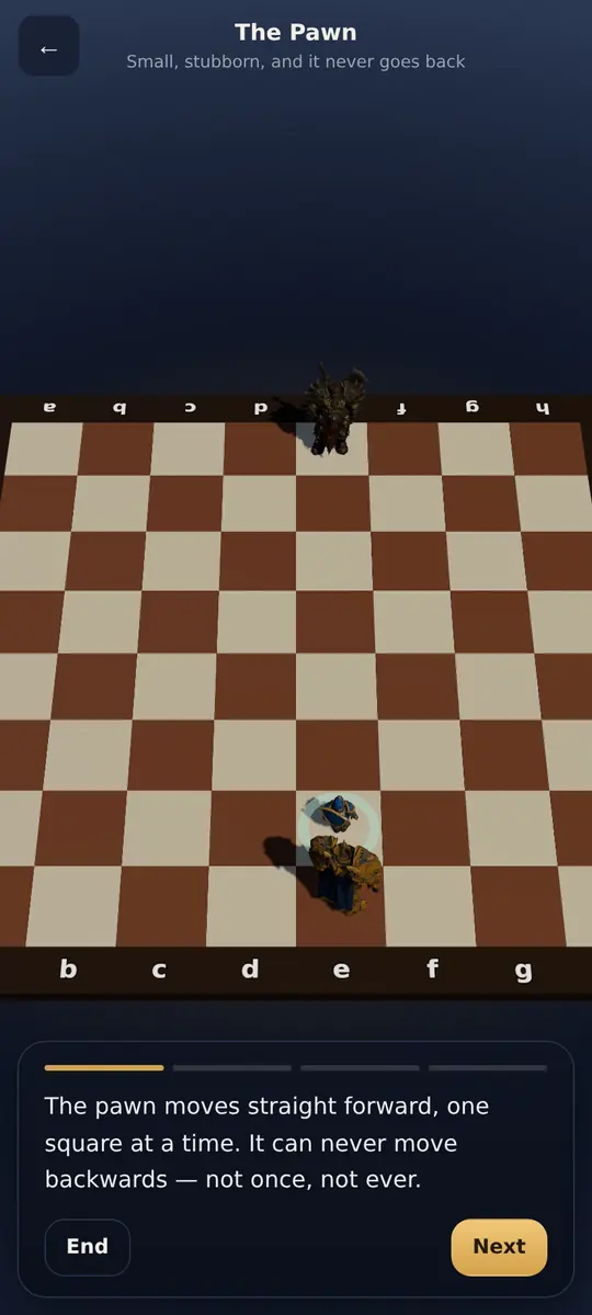 The Pawn lesson, with the coach explaining the move below the board