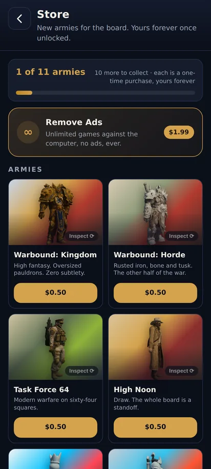 The Store, army cards with rendered kings
